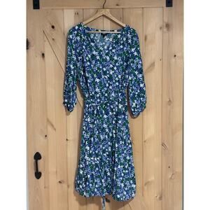 Talbots Blue Green Floral Tie Waist Dress - Size 14W